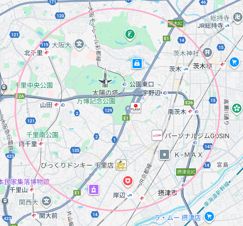 訪問エリアマップ - 吹田市長野東を中心とした半径4km圏内