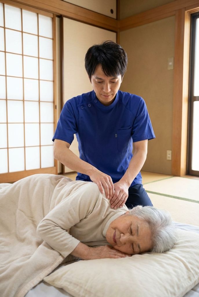 畳の上での訪問マッサージ施術の様子